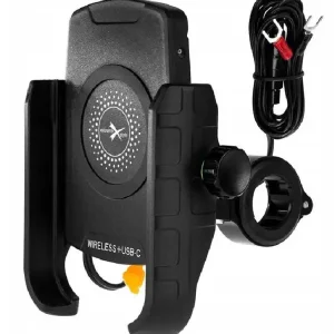 Bezpieczne zakupy Uchwyt motocyklowy na telefon Biketec z ładowarką indukcyjną USB-C , montowany na kierownicę/ lusterko czarny [typ: R9W-PD Metal]