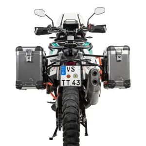 Zestaw: kufry boczne aluminiowe srebrne Zega Pro + stelaże czarne Touratech KTM Super Adventure 1290 S/R (21-24) [poj.: 31+38l] Wyjątkowa oferta
