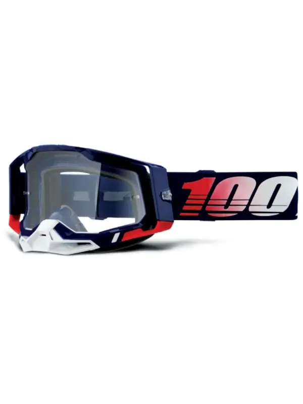 Zniżka Gogle motocyklowe 100% Racecraft 2 Republic z przezroczystą szybką, czarno-czerwono-granatowe