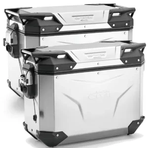 Zestaw kufrów bocznych GIVI Trekker Outback Evo Smart 48/37 aluminiowych, srebrnych [z 2 wkładkami SLR; poj.: prawy 48l, lewy: 37l] Łatwy zwrot