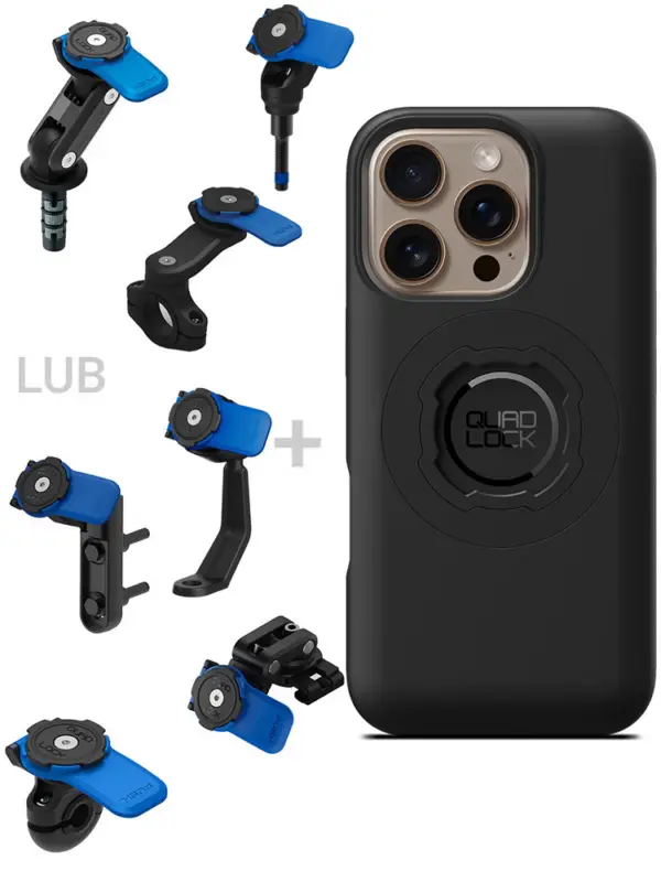 Wybór klientów Zestaw na motocykl: etui na telefon iPhone 16 Pro + mocowanie Quad Lock