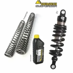 Zestaw obniżający wysokość motocykla: Amortyzator E1 + progresywne sprężyny widelca przedniego zawieszenia Touratech BMW G 310 GS (17-23) [-50 mm] Bezpieczne zakupy