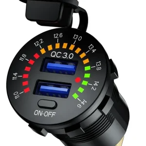 Tylko dziś Podwójne gniazdo USB QC3.0 z woltomierzem Biketec mocowane do owiewki lub kierownicy czarne