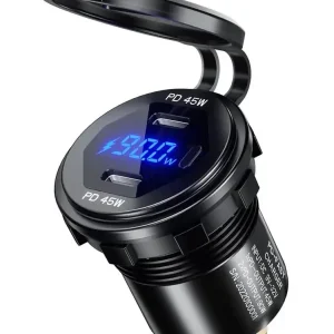 Podwójne gniazdo USB Typ C PD z woltomierzem Biketec mocowane na owiewkę lub kierownicę czarne Zniżka